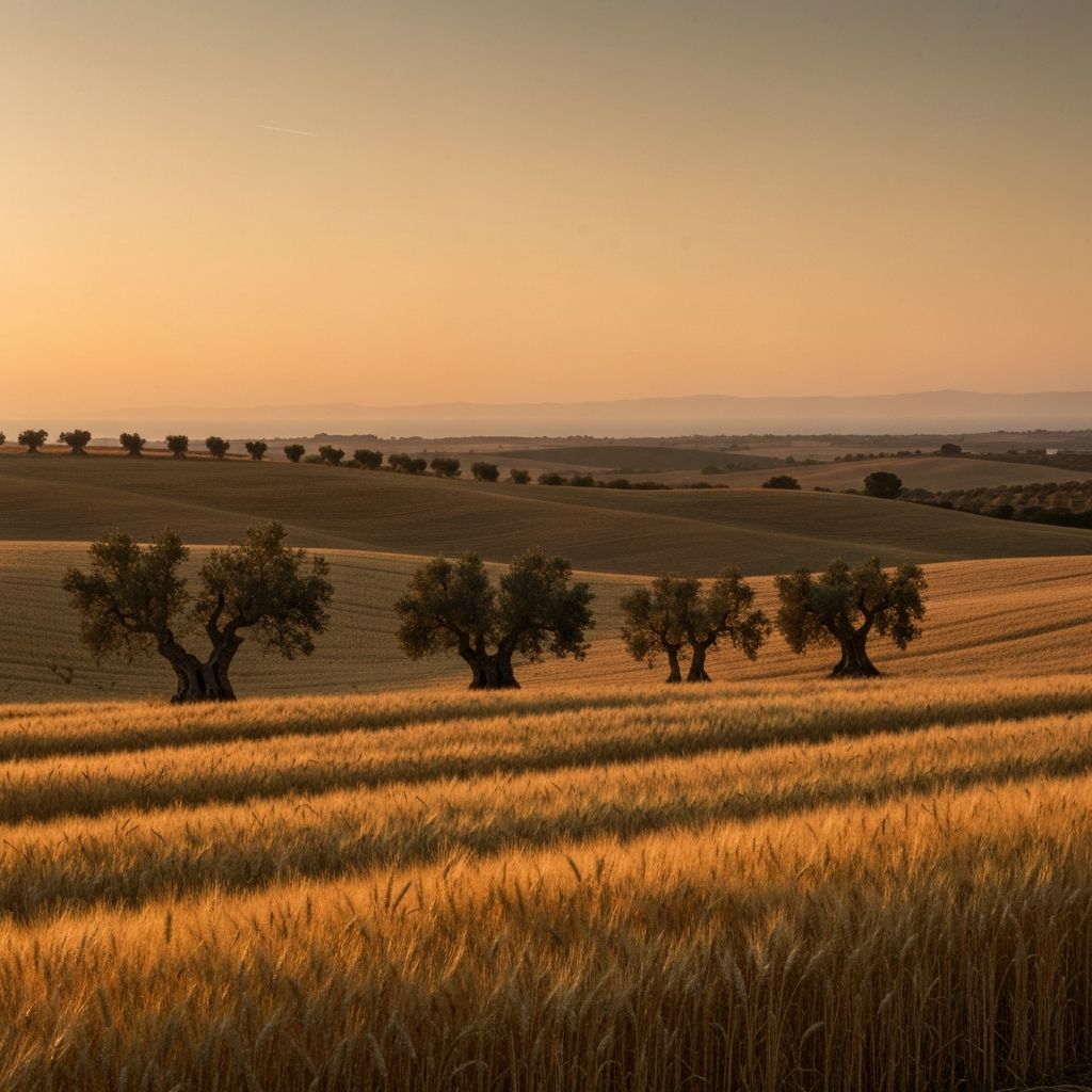 Campi di grano dorato al tramonto in Puglia, Italia - paesaggio mediterraneo con ulivi